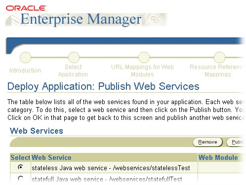 Publish Web Services Management Screen